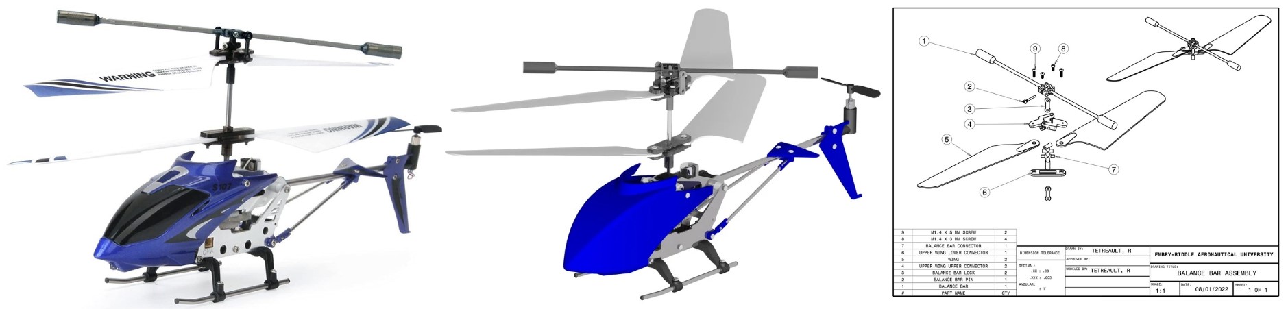 Remote controlled helicopter with engineering drawings